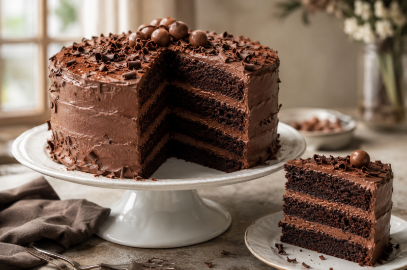 Rich Chocolate Malt Cake with Chocolate Cream Cheese Frosting