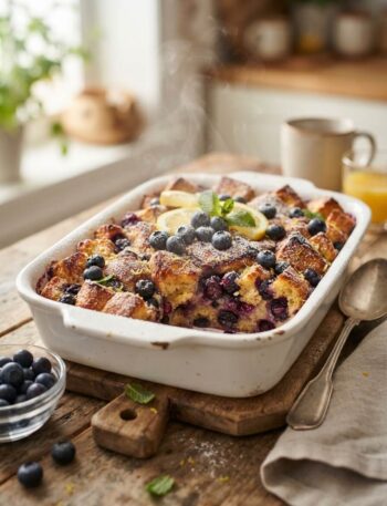 Baked blueberry lemon French toast casserole golden and fresh from the oven