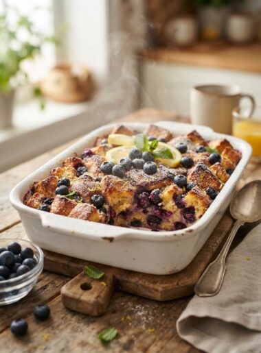 Baked blueberry lemon French toast casserole golden and fresh from the oven