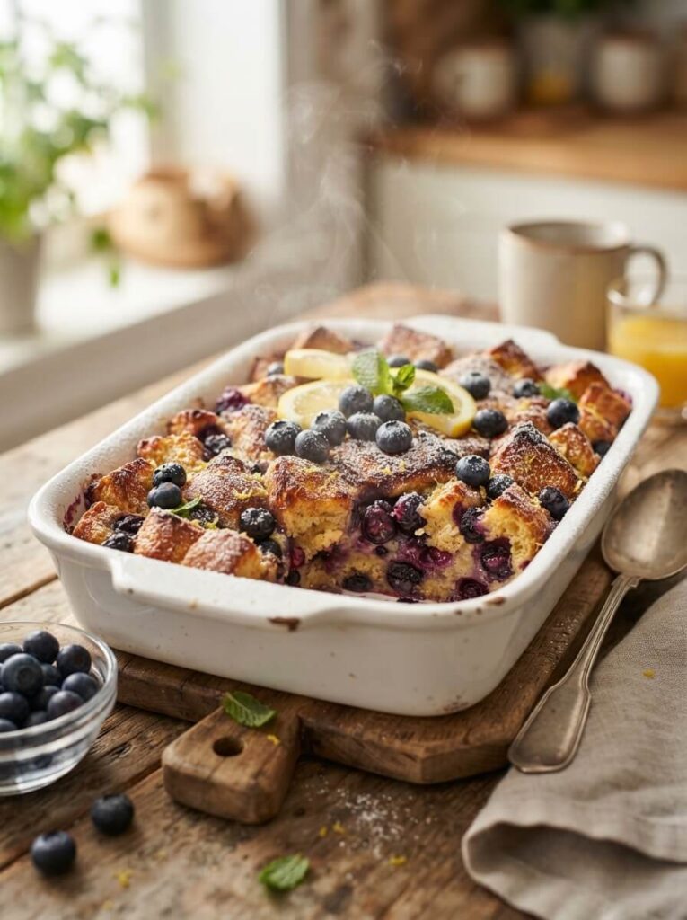 Baked blueberry lemon French toast casserole golden and fresh from the oven