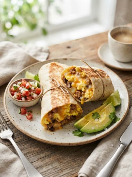 Easy breakfast burritos with eggs and cheese wrapped and ready to eat