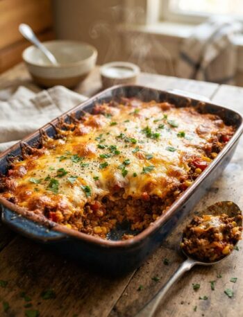 Cheesy beef and rice casserole with golden melted cheese topping fresh from the oven