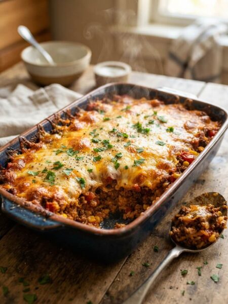 Cheesy beef and rice casserole with golden melted cheese topping fresh from the oven