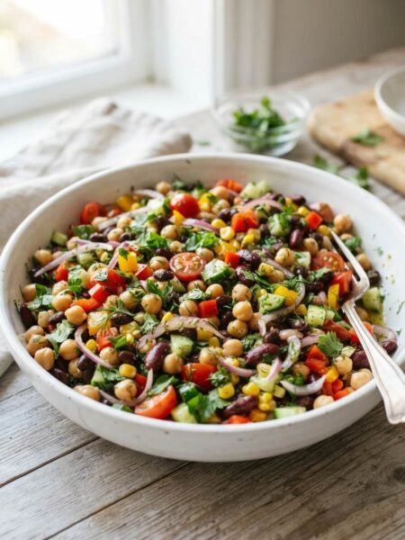 Dense bean salad with fresh veggies and herbs