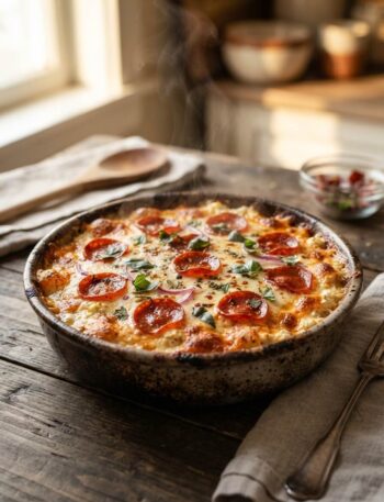 Cottage cheese pizza bowl with melty cheese and toppings