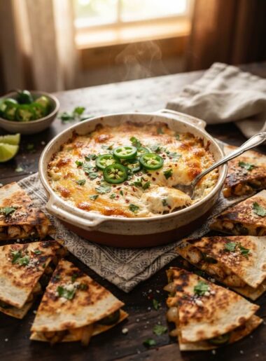 Jalapeño cheese dip served with loaded cheese quesadilla bites
