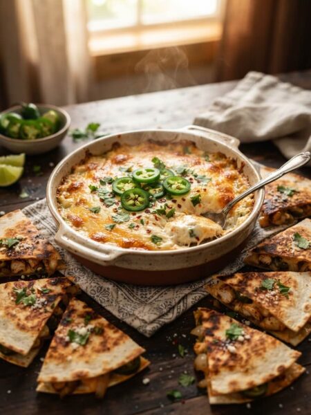 Jalapeño cheese dip served with loaded cheese quesadilla bites