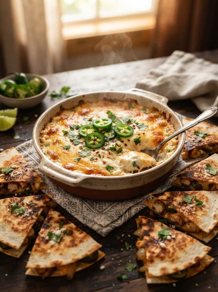 Jalapeño cheese dip served with loaded cheese quesadilla bites