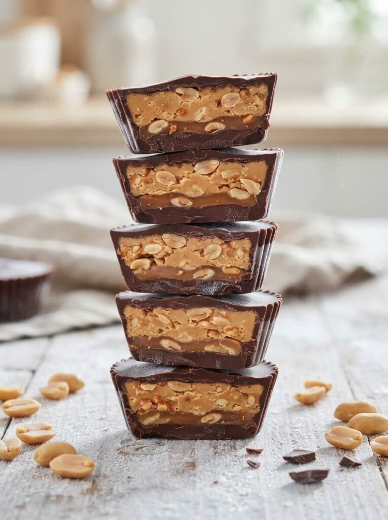 3 ingredient frozen snickers cups cut open