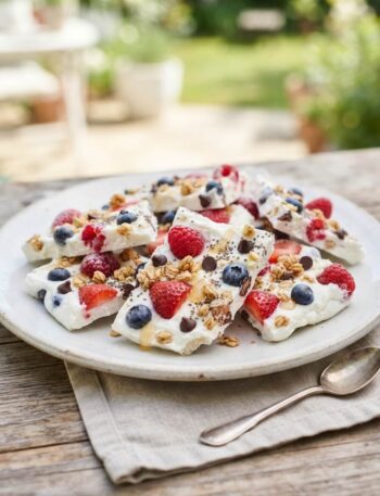 Frozen yogurt bark with berries and chocolate