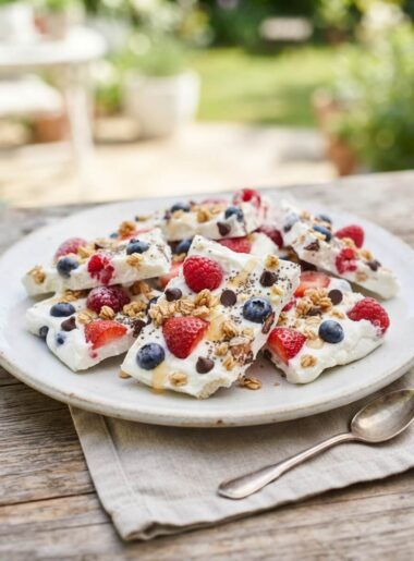 Frozen yogurt bark with berries and chocolate