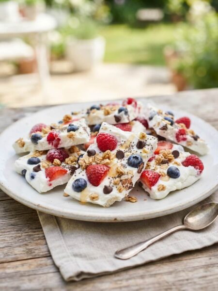 Frozen yogurt bark with berries and chocolate