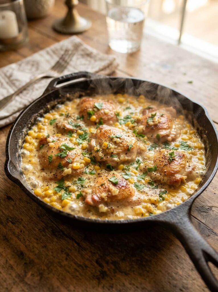 Stunning professional food photography of garlic butter creamed corn chicken in a rich, glossy sauce, tender golden chicken pieces nestled in creamy sweet corn with visible garlic bits and fresh herbs