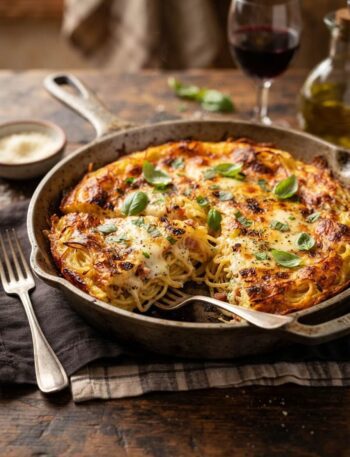 Frittata di pasta Italian-American style golden and sliced