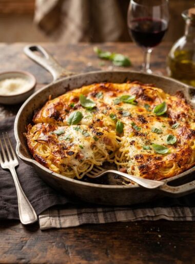 Frittata di pasta Italian-American style golden and sliced