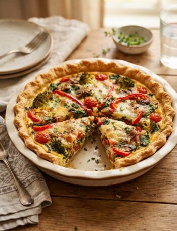 Classic vegetable quiche with golden crust and fresh veggies