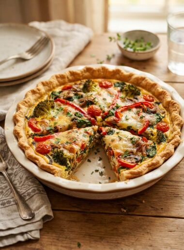 Classic vegetable quiche with golden crust and fresh veggies