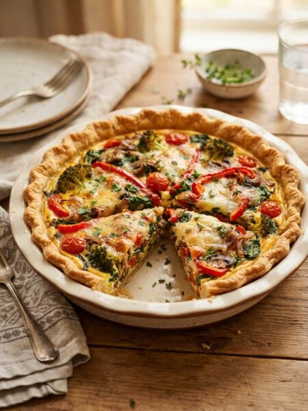 Classic vegetable quiche with golden crust and fresh veggies