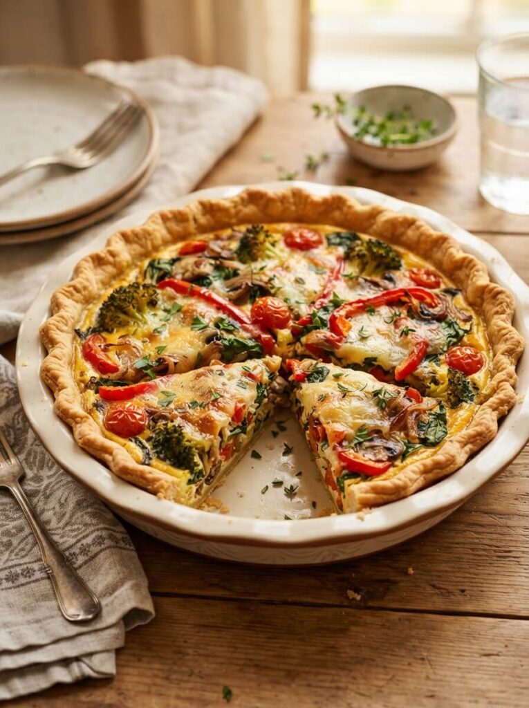 Classic vegetable quiche with golden crust and fresh veggies