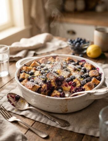 Lemon blueberry French toast bake golden and fresh from the oven