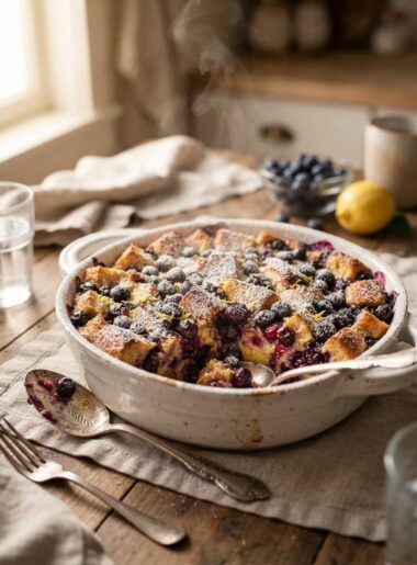 Lemon blueberry French toast bake golden and fresh from the oven