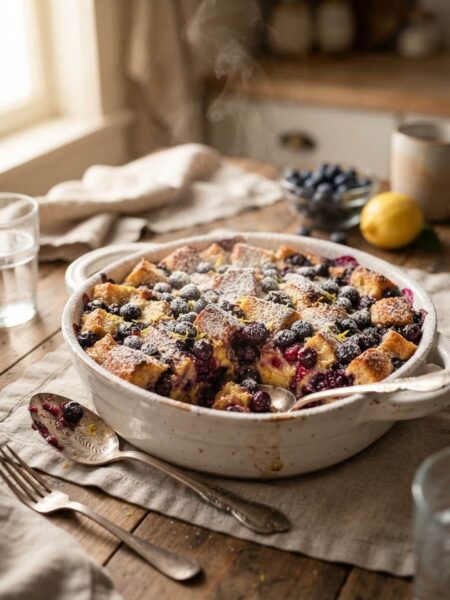 Lemon blueberry French toast bake golden and fresh from the oven