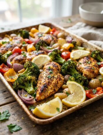 Juicy lemon pepper chicken sheet pan meal with roasted vegetables fresh from the oven