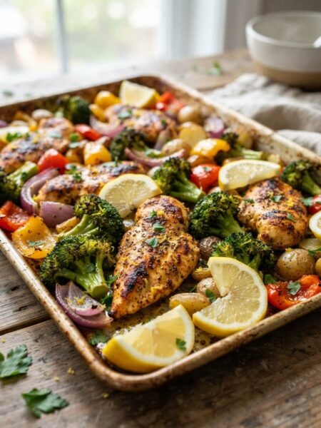 Juicy lemon pepper chicken sheet pan meal with roasted vegetables fresh from the oven