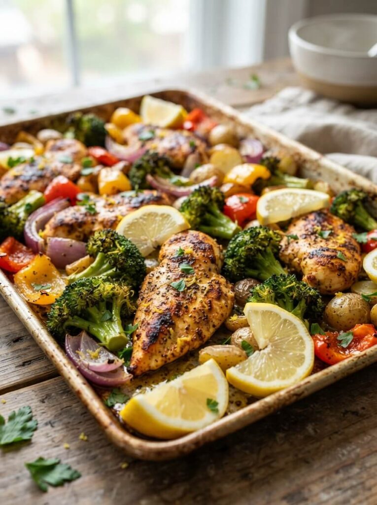 Juicy lemon pepper chicken sheet pan meal with roasted vegetables fresh from the oven