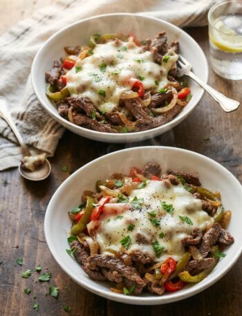 Philly cheesesteak bowls with tender beef, peppers, onions and melted cheese