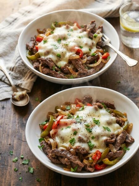 Philly cheesesteak bowls with tender beef, peppers, onions and melted cheese
