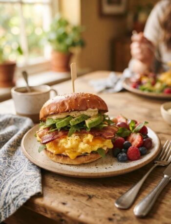 Ultimate breakfast sandwich with eggs cheese and avocado
