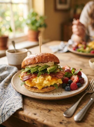 Ultimate breakfast sandwich with eggs cheese and avocado