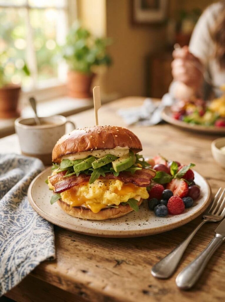 Ultimate breakfast sandwich with eggs cheese and avocado