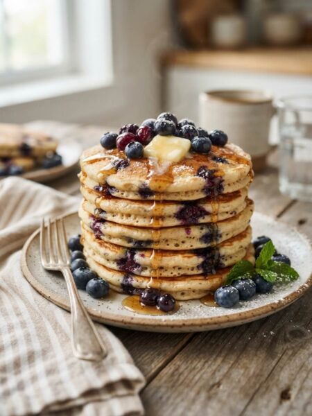 Fluffy blueberry pancakes stacked with fresh berries and syrup