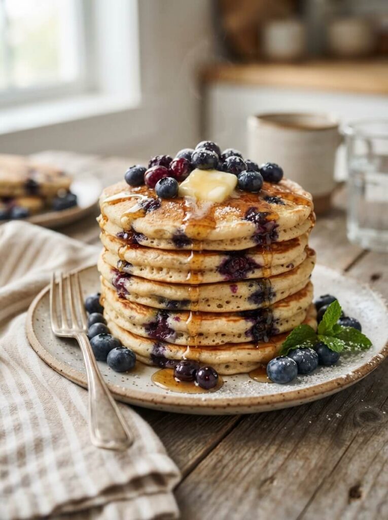 Fluffy blueberry pancakes stacked with fresh berries and syrup