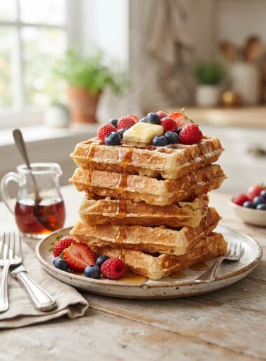 Best buttermilk waffles crispy outside fluffy inside with syrup