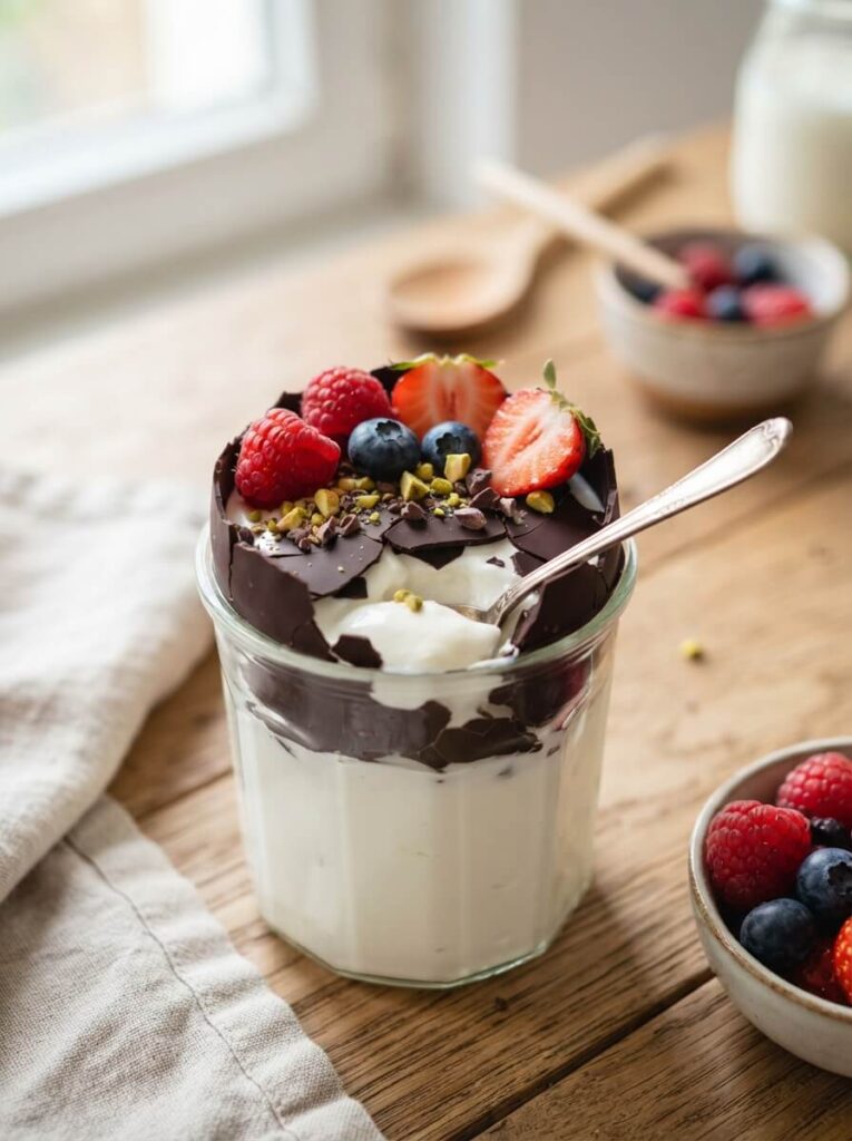 2 ingredient magic shell yogurt jars with chocolate crust