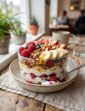 cafe style greek yogurt parfait bowl with fresh fruit