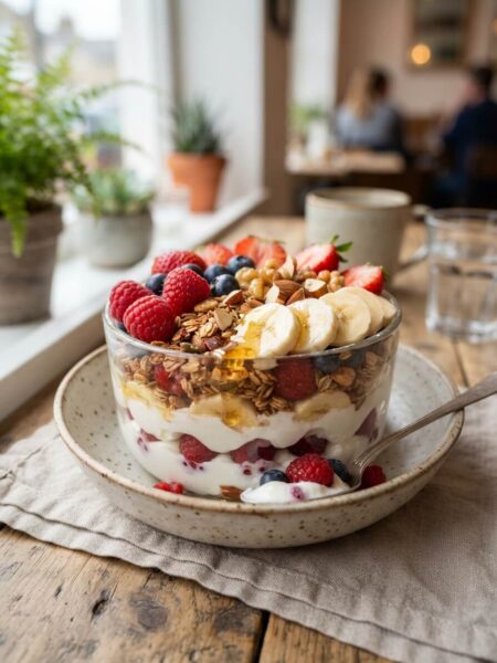 cafe style greek yogurt parfait bowl with fresh fruit