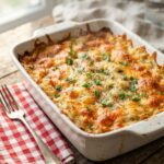 Creamy Cracker Barrel hashbrown casserole copycat fresh from the oven with golden cheesy top