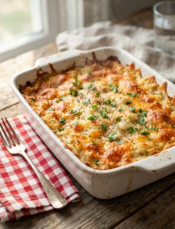 Creamy Cracker Barrel hashbrown casserole copycat fresh from the oven with golden cheesy top