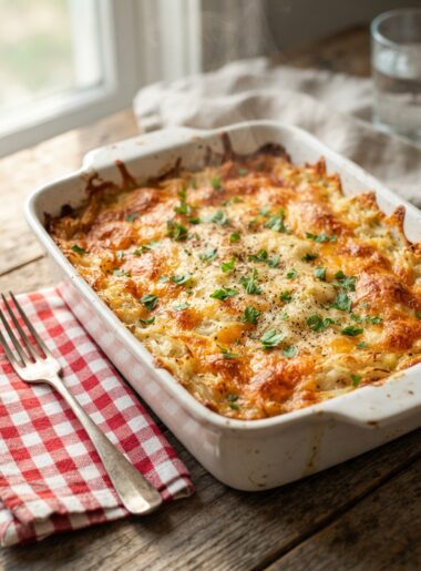 Creamy Cracker Barrel hashbrown casserole copycat fresh from the oven with golden cheesy top