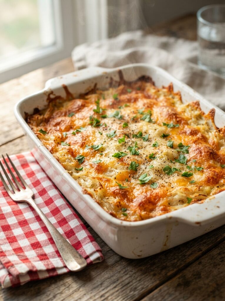 Creamy Cracker Barrel hashbrown casserole copycat fresh from the oven with golden cheesy top