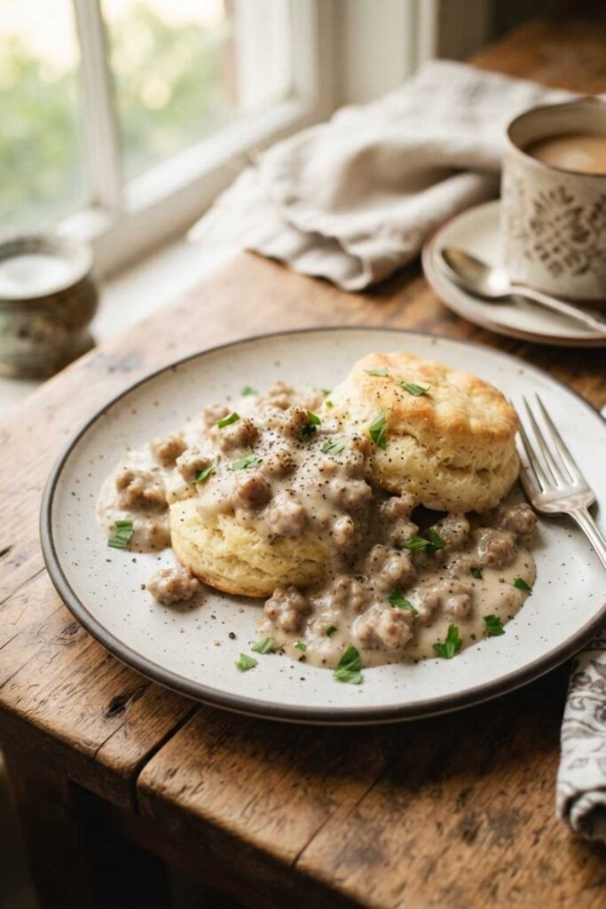 Homemade biscuits and sausage gravy like Cracker Barrel